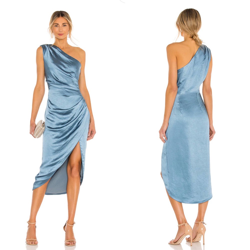 Elliatt Cassini Cadet Blue Satin One Shoulder Midi Dress Size XS